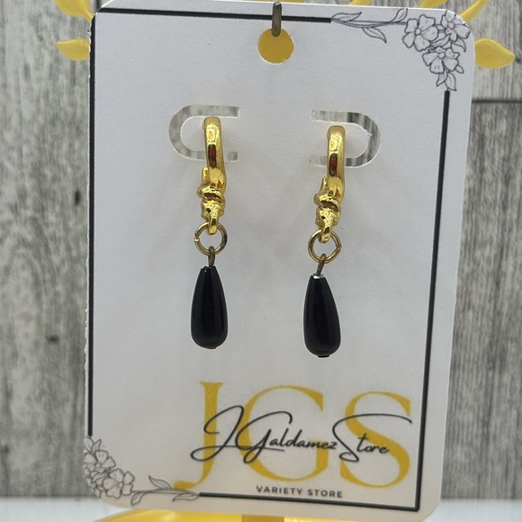 Hoop Elegant Gold and Black Teardrop Earrings - Picture 1 of 7